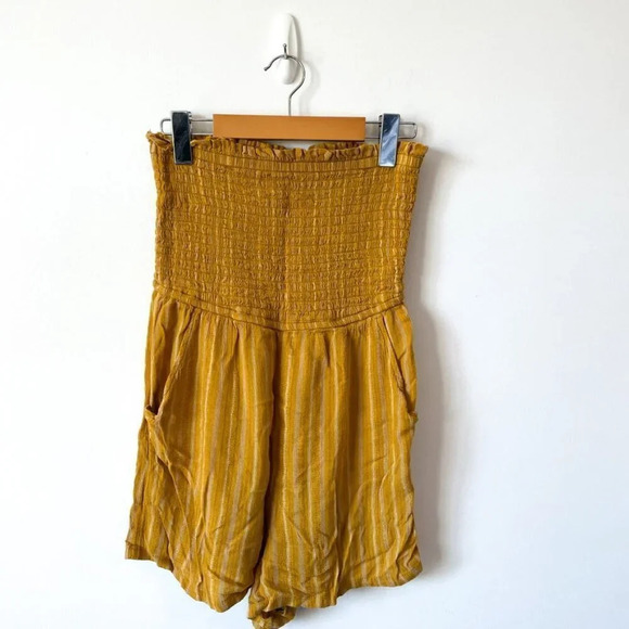 American Eagle Smocked Strapless Striped Romper Mustard Yellow Sz S - Picture 3 of 6